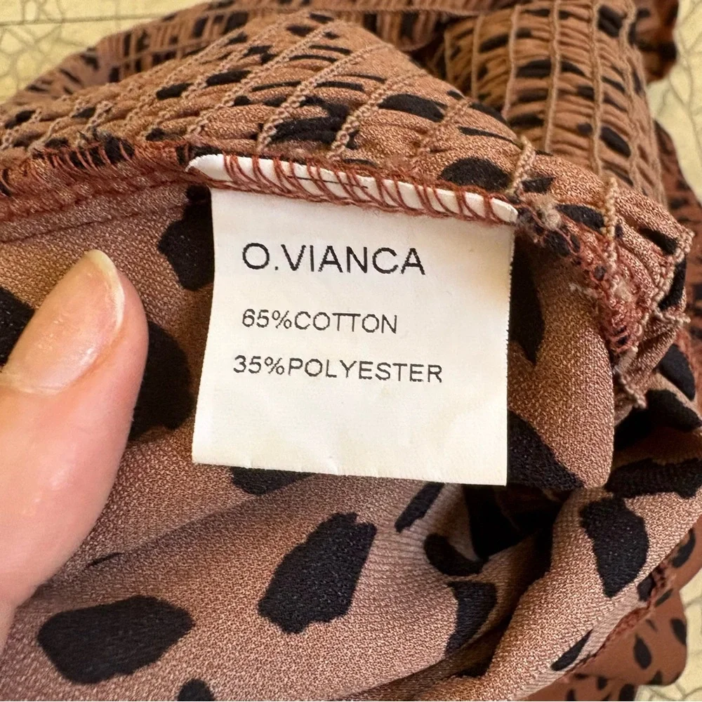 O. Vianca Rust Animal Print Smocked Mini Dress Off shoulder Small Summer - Picture 5 of 9